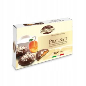 Słodycze pralinowe Ambrosiana Pralinati, czekoladowe ciasteczka z nadzieniem z moreli i alpejskiego pasa.