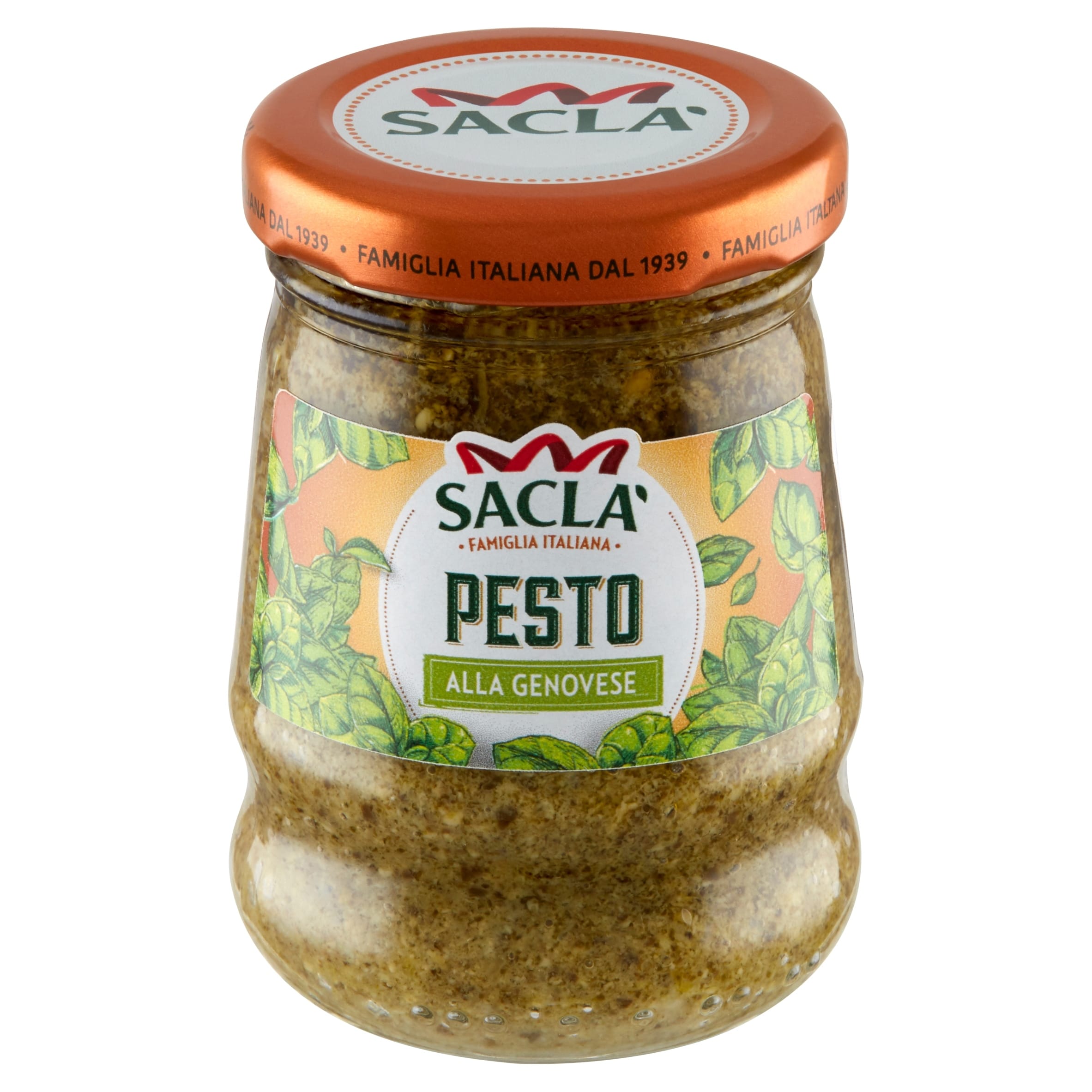 SACLA SOS PESTO ALLA GENOVESE 90g 6 Akamiast do potraw z pesto Genovese, łatwa w użyciu i aromatyczna, idealna do makaronów, sałatek i kanapek, w eleganckim słoiku marki Sacla.