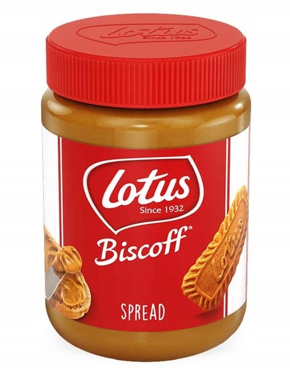 Smooth peanut butter with Lotus Biscoff cookies, ideal for spreading on bread or as an ingredient in desserts.