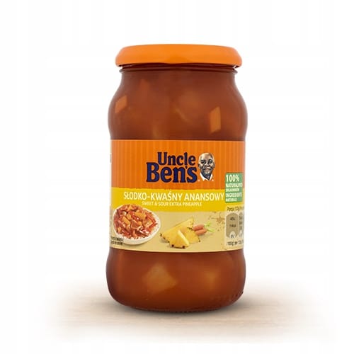 BENS ORIGINAL SOS SŁODKO-KWAŚNY Z KAWAŁKAMI ANANASA 400g 8 Gęsty dżem ananasowy Uncle Ben’s o słodko-kwaśnym smaku, idealny do śniadań i deserów, naturalnie bez konserwantów i sztucznych dodatków.
