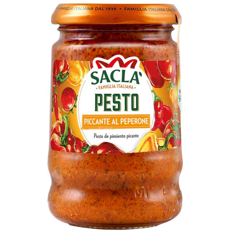 SACLA SOS PESTO Z OSTRĄ PAPRYKĄ CHILLI 190g 1 S Lact Pesto Pikantne Papryczki chili, idealne do dań włoskich i kanapek, produkcja od 1939 roku, aromatyczny sos Pesto di Peperoncino, oryginalny smak, wysokiej jakości składniki, świetny dodatek do codziennych posiłków, smakowite pesto.