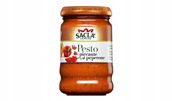 SACLA SOS PESTO Z OSTRĄ PAPRYKĄ CHILLI 190g 3 Salsa pesto piccante al peperone w słoiczku, sos włoski z ostrym papryczkami, naturalny krem do makaronów i potraw, wysokiej jakości przyprawy, produkt spożywczy od Saclà Italia.