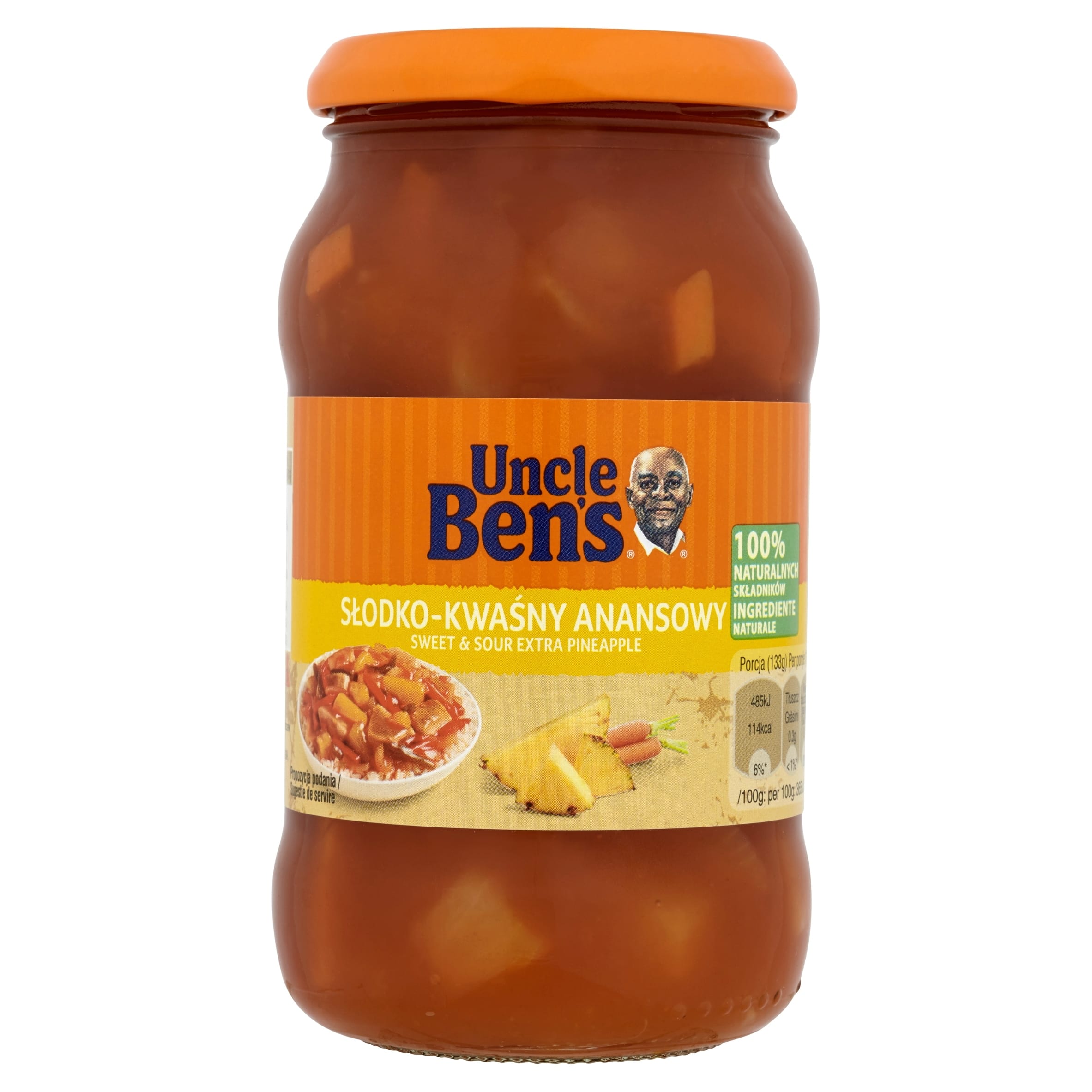 BENS ORIGINAL SOS SŁODKO-KWAŚNY Z KAWAŁKAMI ANANASA 400g 3 Słodko-kwaśny ananas Uncle Ben's w słoiku, naturalne składniki, idealny do deserów i dań kuchni tropikalnej.