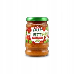 Szczypiorek pesto wegańskie w słoiku, ekologiczne sosy do potraw, naturalne składniki, Sacla bio, wegetariańska pasta do makaronów i kanapek, włoska jakość.