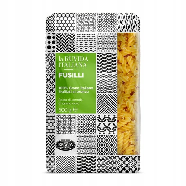 100% włoskie fusilli z twardej pszenicy, idealne do makaronów i dań włoskich, pakowane w 500 g, najwyższa jakość od Reggia Chef.
