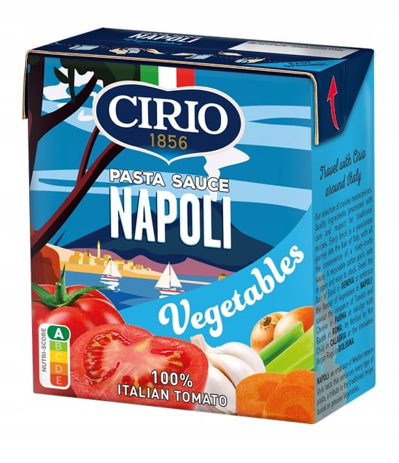 CIRIO Sos pomidorowy do makaron u Napoli 340g 2 Pomidorowa pasta do makaronu Cirio Napoli z warzywami, 100% włoskie pomidory, idealna do dań kuchni włoskiej, zdrowa i smaczna, opakowanie 250 g, bez sztucznych konserwantów.
