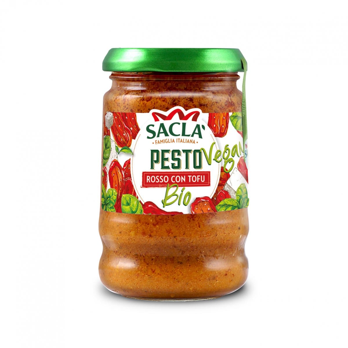 SACLA SOS PESTO ROSSO CON TOFU BIO VEGAN 190g 3 Pasta pesto vegan bio Sacla z tofu, pomidorami i naturalnymi składnikami, idealna do zdrowego odżywiania i diety wegańskiej.