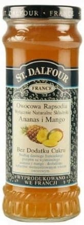 Aromatyczny dżem owocowy Rapsodia Ananas i Mango, bez dodatku cukru, starannie zapakowany w eleganckie słoiki od FlowTea z Francji, idealny na zdrowe śniadania i przekąski.