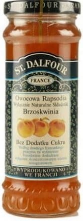 Słoik z naturalnym dżemem brzoskwiniowym St. Dalfour bez dodatku cukru, produkt ekologiczny, idealny do pieczywa i deserów.