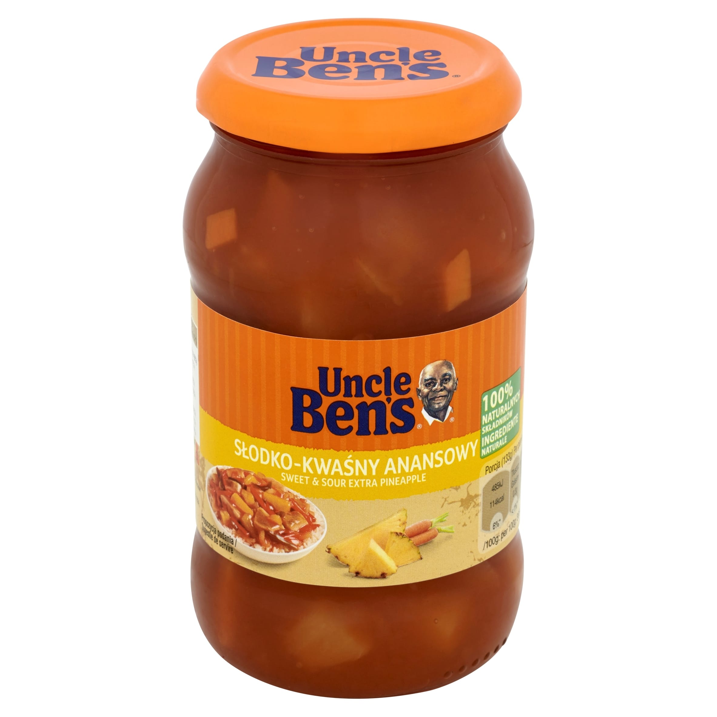 BENS ORIGINAL SOS SŁODKO-KWAŚNY Z KAWAŁKAMI ANANASA 400g 4 Słoik z dżemem anansowym Uncle Ben's, słodko-kwaśny ananas, naturalne składniki, bez konserwantów, produkt spożywczy, przepis na słodkie dania z ananasem.
