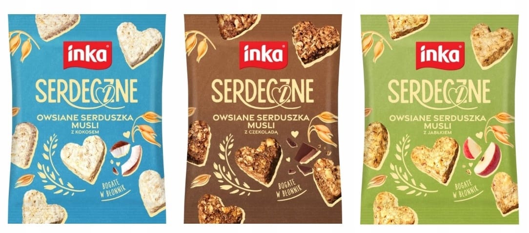 Serdeczne ciasteczka musli inka, zdrowa przekąska owsiana z różnymi smakami, idealne na śniadanie lub przekąskę, bogate w błonnik, dostępne w atrakcyjnych opakowaniach.