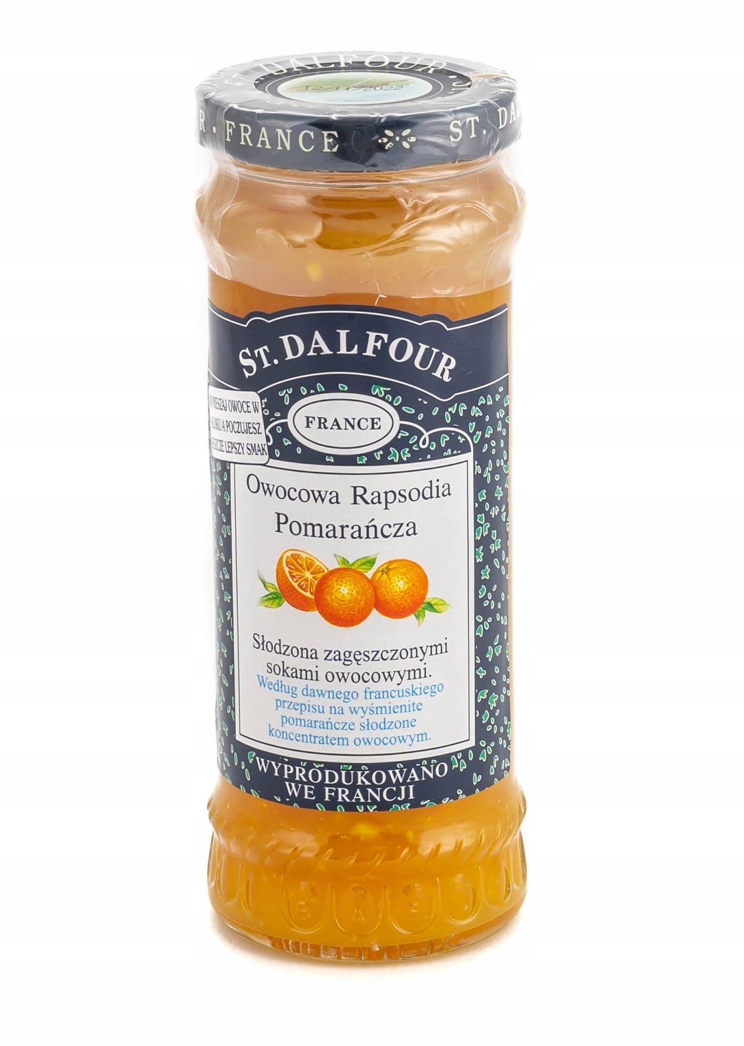 ST. DALFOUR Konfit. PREMIUM Pomarańcza 284G 2 Nagranie z produktem dżemu pomarańczowego z sokami owocowymi St. Dalfour, brązowa konfitura w szklanym słoiku z etykietą zawierającą ilustracje pomarańczy i tekst w języku polskim.