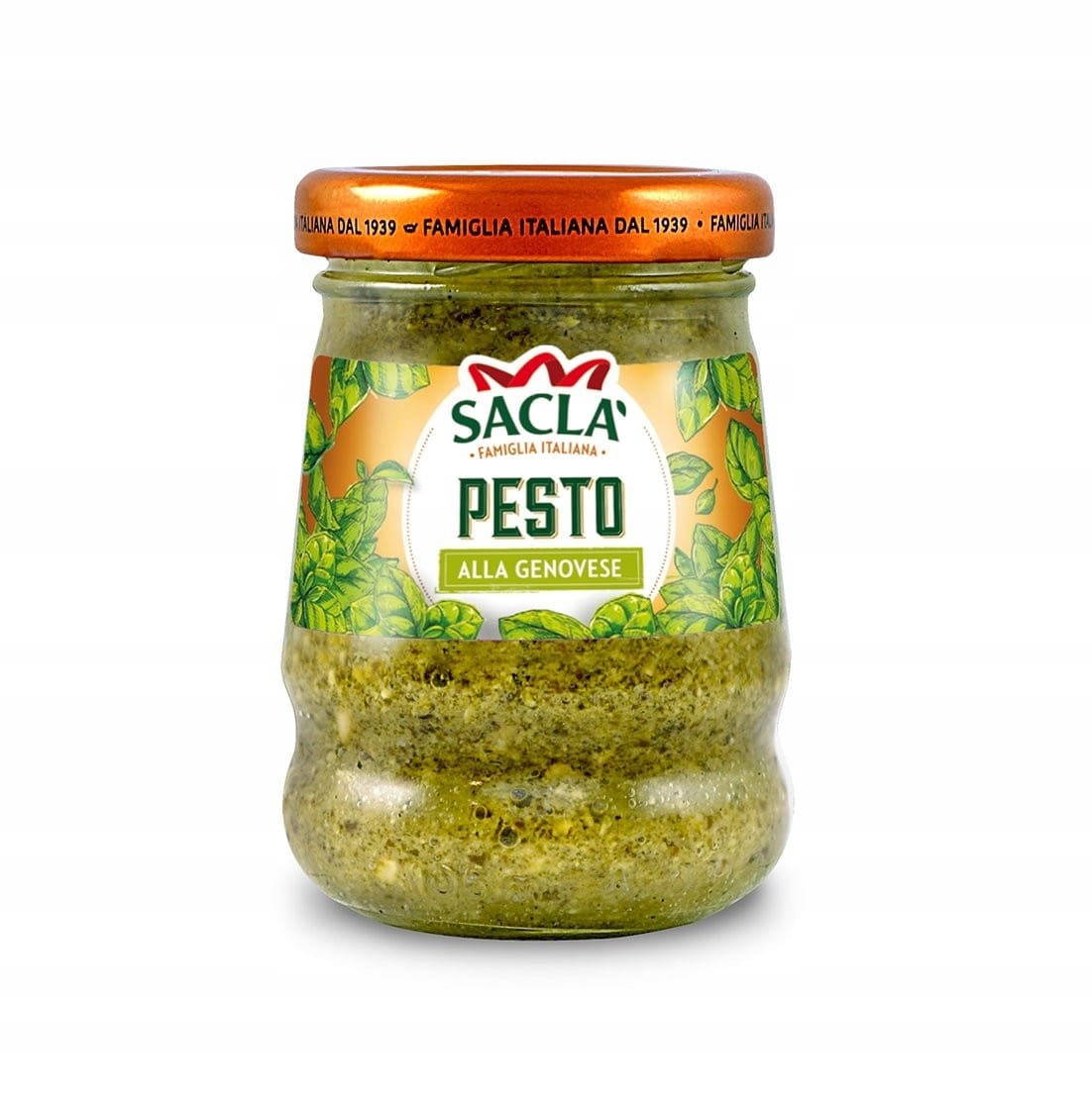 SACLA SOS PESTO ALLA GENOVESE 90g 4 Szczypiorek pesto w słoiku, aromatyczny sos z bazylii i czosnku, włoska kuchnia.