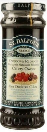 Słaby, wysokiej jakości dżem owocowy z czterech owoców, bez dodatku cukru, naturalny smak, bez sztucznych konserwantów, idealny na śniadanie lub przekąskę.