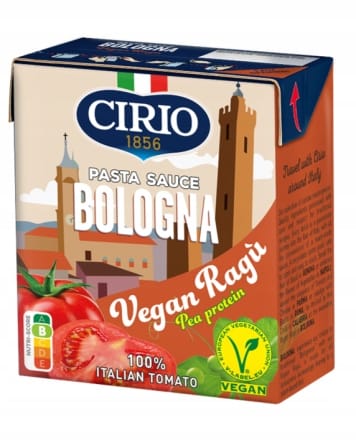 CIRIO Sos pomidorowy do makaron u BOLOGNA Weganski VEGAN RAGU 340g 1 Kraftowy sos pomidorowy Bologna Cirio bez konserwantów, w 100% włoski, wegetariański i wegański, idealny do makaronów i dań kuchni włoskiej, bogaty w smak i naturalne składniki.