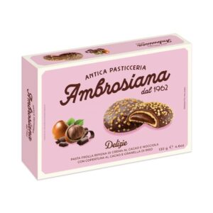 Chocolatowe ciastko ambrosiana z nadzieniem z kremem kakaowym i nugatem, pokryte czekoladą z posypką, produkt włoski, idealny na deser i słodkie chwile.