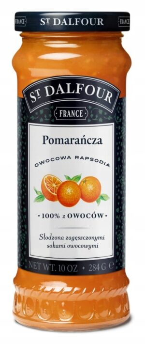Słoik z dżemem pomarańczowym, naturalny produkt z Francji, owocowa rapsodia, słodzona zagęszczonymi sokami owocowymi, wysokiej jakości dżem owocowy, zdrowa przekąska, flowtea, owoce, pomarańcza, naturalna przetworzona żywność.