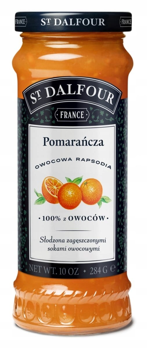 ST. DALFOUR Konfit. PREMIUM Pomarańcza 284G 1 Słoik z dżemem pomarańczowym, naturalny produkt z Francji, owocowa rapsodia, słodzona zagęszczonymi sokami owocowymi, wysokiej jakości dżem owocowy, zdrowa przekąska, flowtea, owoce, pomarańcza, naturalna przetworzona żywność.