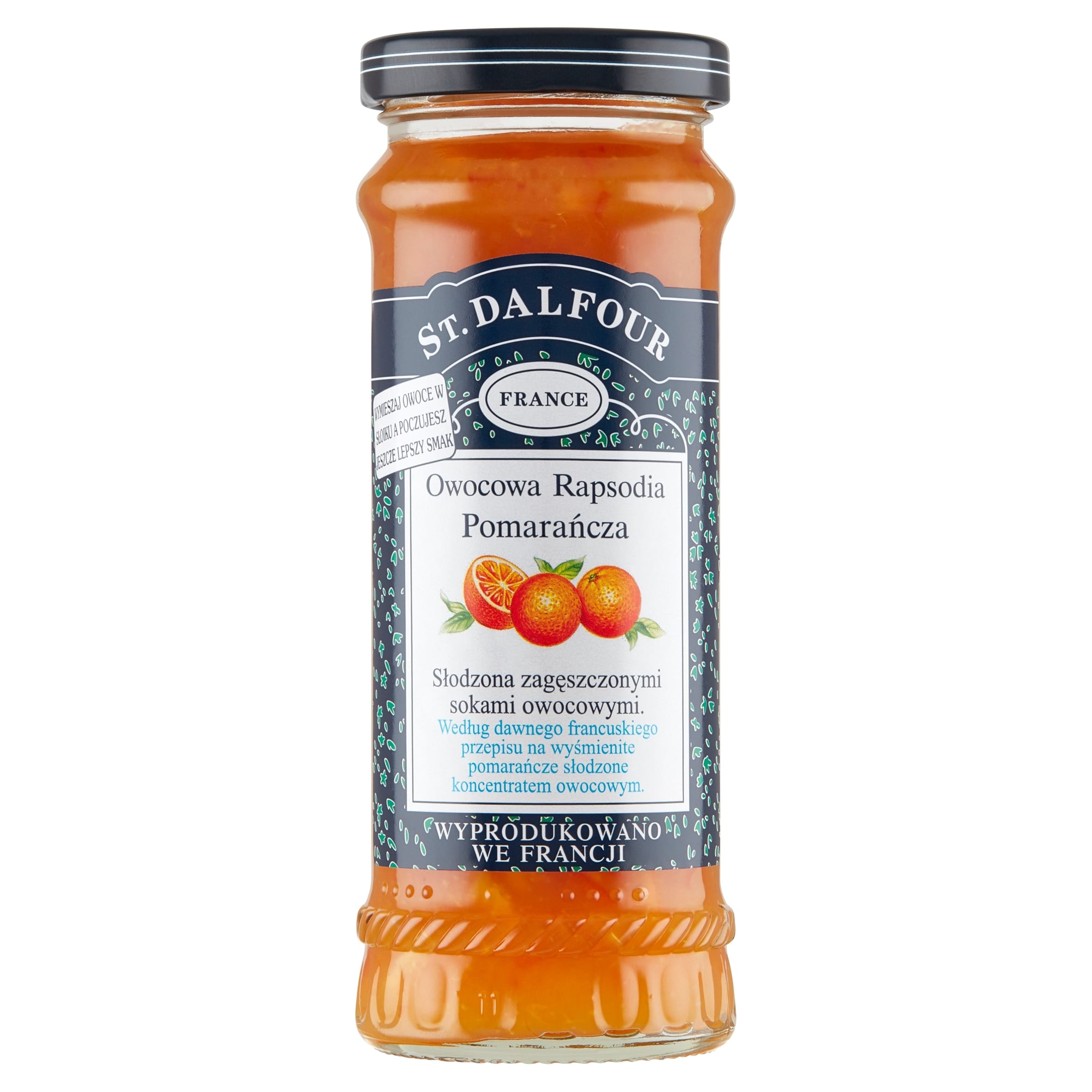 ST. DALFOUR Konfit. PREMIUM Pomarańcza 284G 3 Atrybut alt: Dżem owocowy pomarańczowy z koncentratem owocowym, zapakowany w szklany słoik z czarną nakrętką, idealny na śniadanie i do deserów.