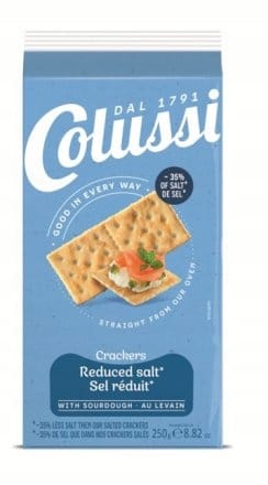 Crackers z obniżoną zawartością soli - zdrowa przekąska, idealna do serów i past, pakowane w stylowym opakowaniu, dostępne w sklepie FlowTea.