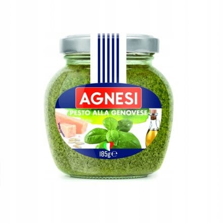 AGNESI PESTO ALLA GENOVESE SOS PESTO Z BAZYLIĄ 185g 1 Aksamitne pesto z bazylii Agnasi w słoiku, wysokiej jakości dodatek do makaronów i kanapek, naturalna francuska receptura, 185 g.