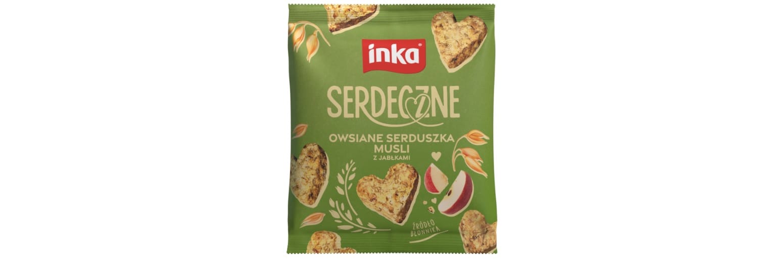 Owsianka serduszka z jabłkami, zdrowy deser z musli i owocami, wegetariańskie śniadanie, bogate w błonnik i witaminy, produkt marki Inka dostępny w sklepie FlowTea.