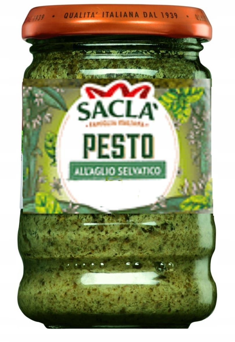 SACLA ALL'AGLIO SELVATICO SOS PESTO Z CZOSNKIEM NIEDŹWIEDZIM 190g 1 Naturalny pesto z dzikiego czosnku w słoiku, pełne smaku i aromatu, idealne do dodatków i kanapek, produkcja od lat 1939, włoska jakość, zdrowe i ekologiczne składniki.