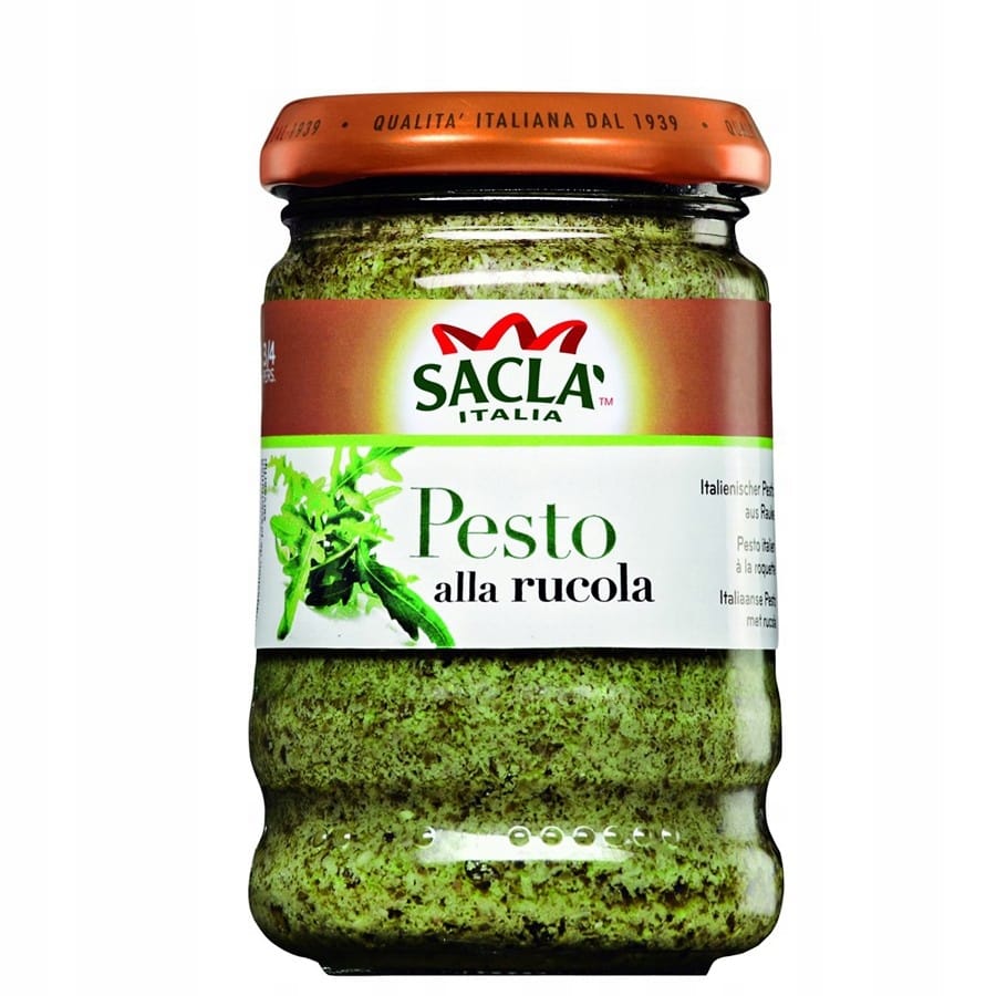 SACLA SOS PESTO ALLA RUCOLA 90g 4 Sacla włoskie pesto alla rucola, ekologiczne, naturalne pesto z rukolą, dodatek do makaronów i kanapek, wysokiej jakości włoskie pesto, zdrowe i aromatyczne, produkt spożywczy, do kuchni włoskiej.