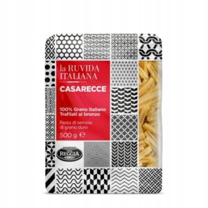 100% włoskie makaron casarecce z semoliny, dekoracyjna czarno-biała opakowanie, produkt wysokiej jakości, idealny na włoskie dania, pasta tradycyjna, świetna do sosów i zup, FlowTea.