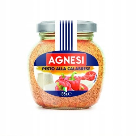 AGNESI SOS PESTO ALLA CALABRESE z Papryką i Cebulą 185g 3 Agnès pesto alla calabrese w słoiku, tradycyjna, aromatyczna pasta z papryki i przypraw, idealna do kanapek i dań kuchni włoskiej.