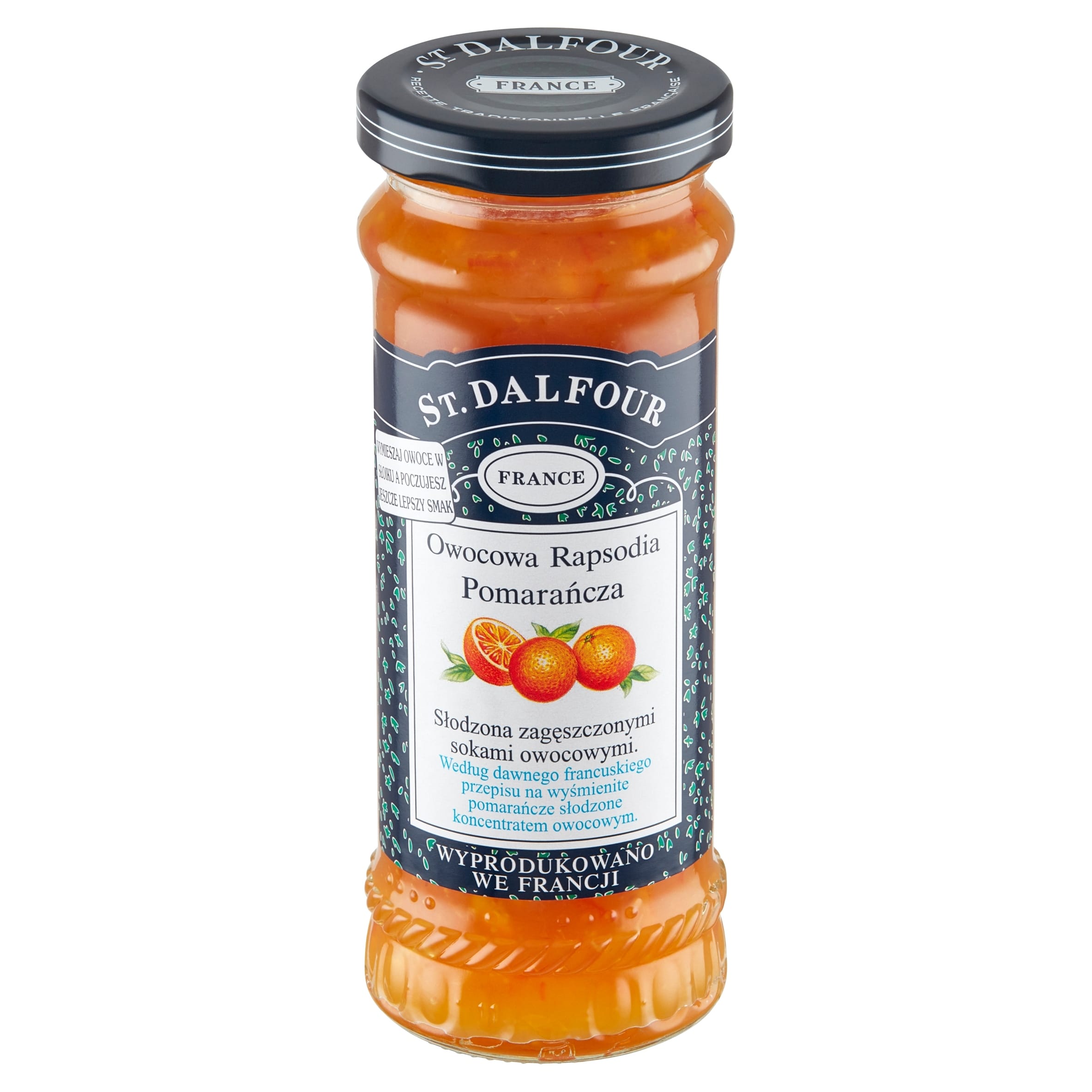 ST. DALFOUR Konfit. PREMIUM Pomarańcza 284G 4 Sok z owoców pomarańczy w rozszerzonym opakowaniu z etykietą na tle białym, prezentujący naturalny, słodki smak i wysoką jakość produktu.