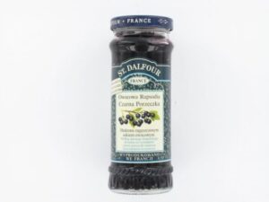 Słoik dżem z czarnej porzeczki St. Dalfour, naturalny dżem owocowy, odpowiedni na śniadanie i kanapki, wysokiej jakości francuska produkcja.