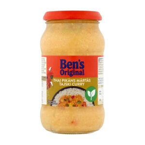 Puszka Ben's Original tajskiego curry z tortilli, naturalne składniki, gotowe do spożycia, idealne na szybki i smaczny posiłek.