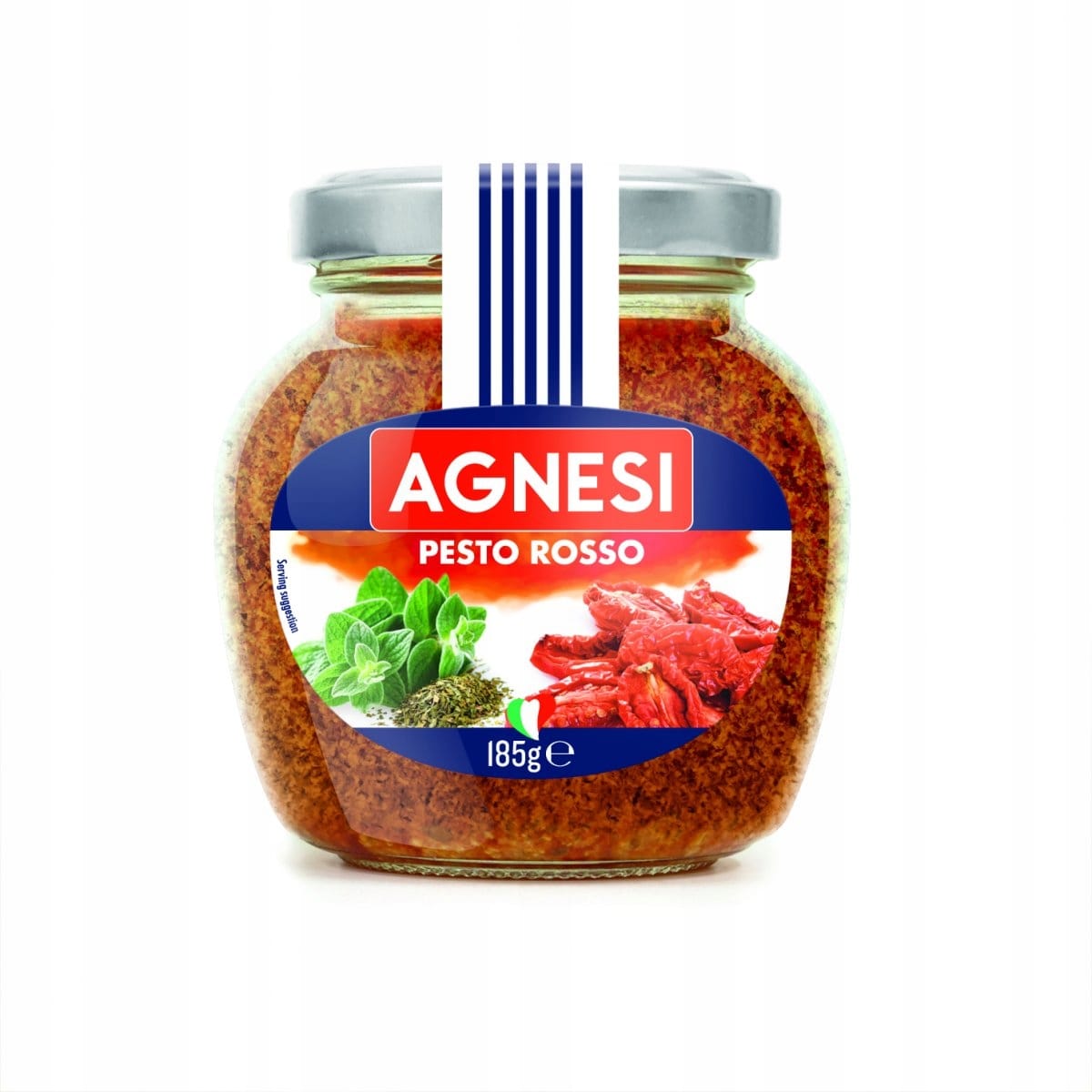 AGNESI SOS PESTO ROSSO 185g 1 Agnese Pesto Rosso w słoiku, aromatyczne włoskie pesto z suszonych pomidorów, bazylii i oregano, idealne do makaronów, kanapek i sałatek, 185 g.