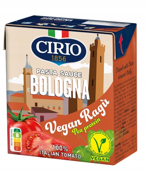 CIRIO Sos pomidorowy do makaron u BOLOGNA Weganski VEGAN RAGU 340g 2 Naturalne wegańskie sosy pomidorowe Bologna z białkiem z groszku, idealne do makaronów, past i dań wegetariańskich, bez dodatku konserwantów i sztucznych składników.