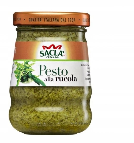SACLA SOS PESTO ALLA RUCOLA 90g 3 Naturalny pesto z rukoli w słoiku, włoska jakość marki Sacla, idealne do kanapek i sałatek, bogaty smak i aromat.