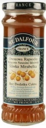 Słoik owocowej rameksji St. Dalfour z mirabelkami, naturalna słodycz i Bez dodatku cukru, produkt francuskiej jakości, idealny na zdrowe przekąski i desery.