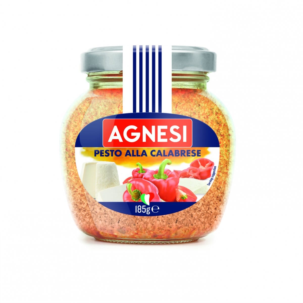 AGNESI SOS PESTO ALLA CALABRESE z Papryką i Cebulą 185g 1 Pasta z czerwonej papryki Agnès Pesto alla Calabrese w słoiku, naturalny produkt do dań kuchni włoskiej, 185 g, idealny do makaronów, sałatek i sosów, intensywny smak papryki i przypraw.