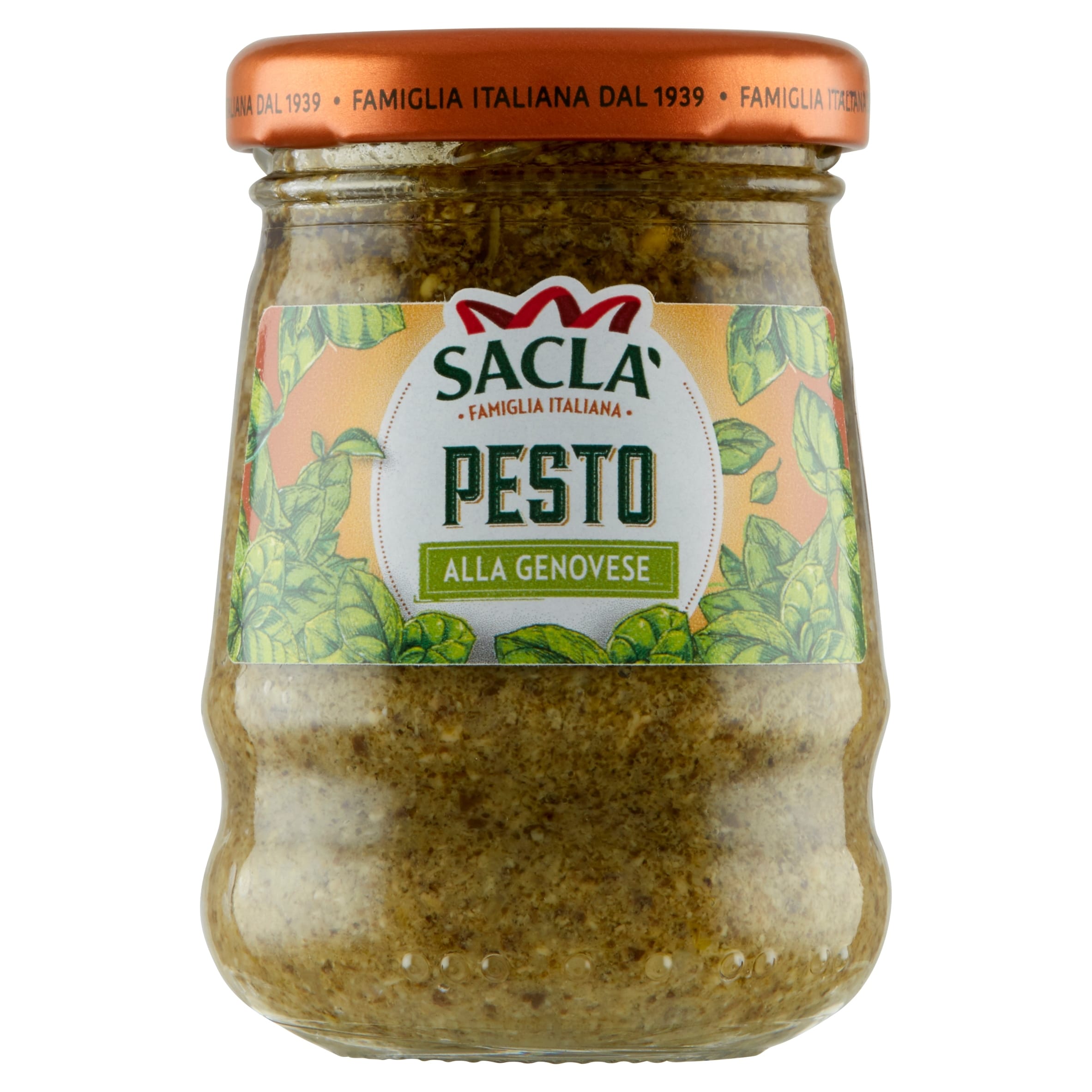 SACLA SOS PESTO ALLA GENOVESE 90g 5 Sos pesto alla genovese w słoiku, tradycyjna włoska pasta z bazylii, czosnku i oliwy, dostępny w sklepie FlowTea, idealny do makaronów i dań kuchni włoskiej.