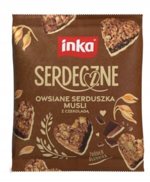 łakoczki z musli czekoladowe, zdrowa przekąska, owiane serduszka muesli, produkt na bazie czekolady, naturalne składniki, zdrowy deser, słodka przekąska, deser z owsianki, pełnoziarniste musli, inspirowane zdrowym odżywianiem.