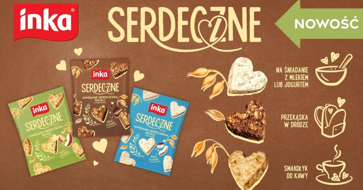 Pyszne owiane serduszka musli Inka Serdeczne w różnych smakach na śniadanie z mlekiem, jogurtem, do przekąski, w drodze, idealne na kawę. Naturalne składniki i atrakcyjny kształt serca.