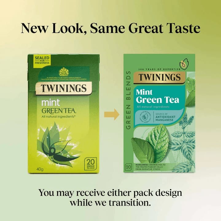 Twinings Green Tea Mint – zielona herbata z miętą (20 torebek) 2 świeża zielona herbata Twinings, opakowanie z liśćmi mięty, zdrowa herbata zielona, naturalne składniki, bogactwo antyoksydantów, herbaty ziołowe, ekologiczne opakowania, zdrowy styl życia, napój herbaciany, herbata na odporność.