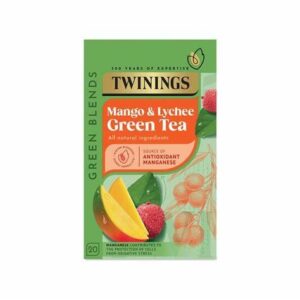 Twinnings Mango & Lychee Green Tea, herbaciany napar z owocami, źródło antyoksydantów, naturalne składniki, zdrowa alternatywa dla kawy, zielona herbata z mango i lychee, wygodne opakowanie 20 saszetek, FlowTea.
