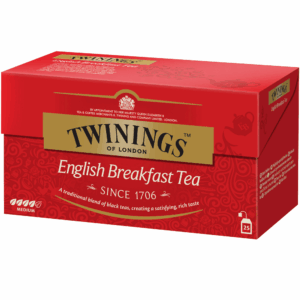 Aromatyczna herbata czarna Twinings English Breakfast Tea w eleganckim pudełku, idealna na poranny początek dnia, bogaty smak i tradycja od 1706 roku.