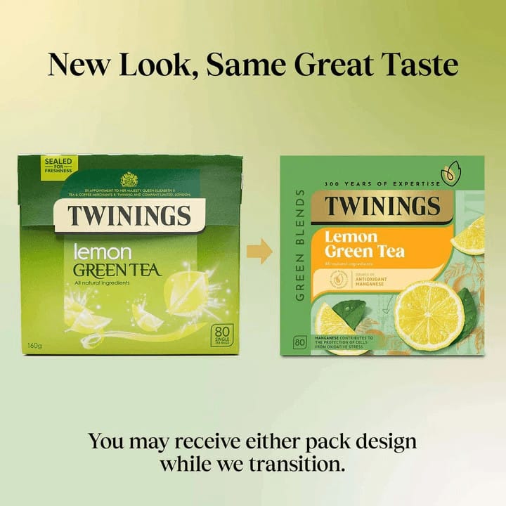 Lemoniowa zielona herbata Twinings – nowy design opakowania z naturalnymi składnikami i antyoksydantami, idealna na codzienny relaks.