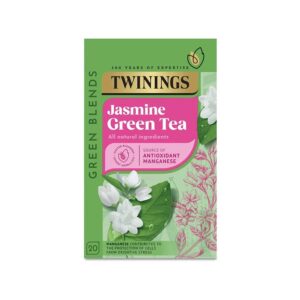 Jasminowa zielona herbata Twinings, naturalne składniki, antyoksydanty, manganez, herbata na stres, pakiet 20 sztuk, zdrowa herbatka dla zdrowia i relaksu.