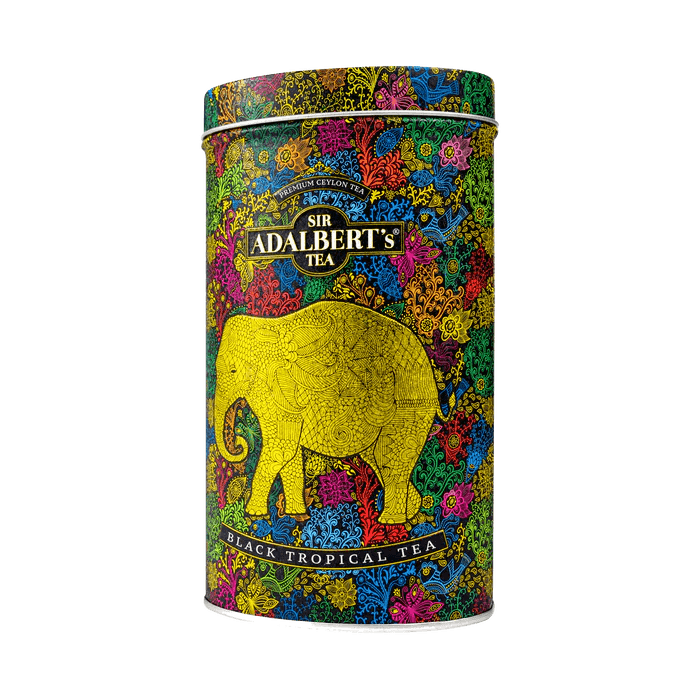 Adalberts Black Tea Tropical 110g Puszka 2 Sierpiecowy herbata czarna tropikalna Sir Adalbert's Tea na metalowym opakowaniu z kolorowym wzorem i elefantem.