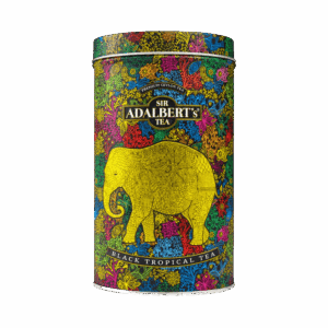 Szklanka herbaty Sir Adalbert's Tea Black Tropical w ozdobnym, kolorowym opakowaniu z motywem słonia i kwiatów, idealna do degustacji herbaty premium.
