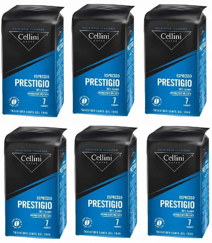 Elegancka kawa ziarnista Cellini Prestigio do espresso, opakowania 7 kg, aromatyczna, aromatyzowana, włoska kawa, wysoka jakość, świeżo palona, idealna do profesjonalnych ekspresów kawowych.