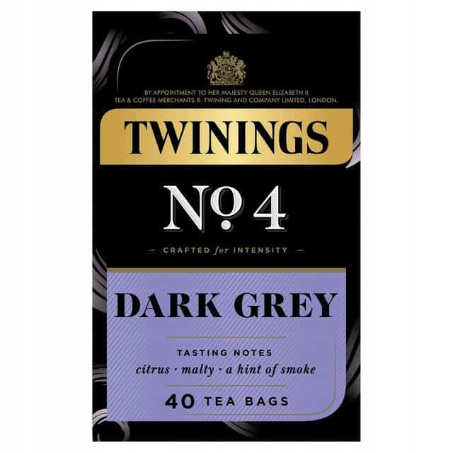 Herbata Twinings No. 4 Dark Grey, czarna tea o intensywnym smaku, z nutami cytrusów, malty i delikatnym dymem, w opakowaniu 40 saszetek, idealna dla miłośników mocnych herbat.